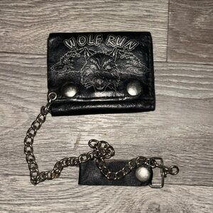Wolf run tri-fold wallet biker chain  genuine leather